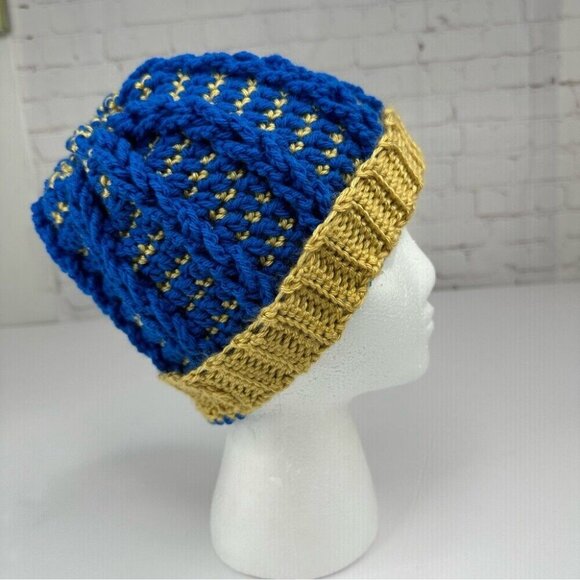 Handmade Unisex New Blue Gold Striped Winter Crochet Beanie - Adult S/M‎ - Picture 1 of 9